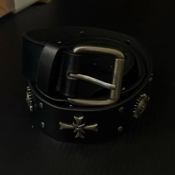 [BUNJANG] Vintage Studded Cross Metal Buckle Leather Belt / 빈티지 스터드 크로스 쇠장식 가죽 벨트 새상품