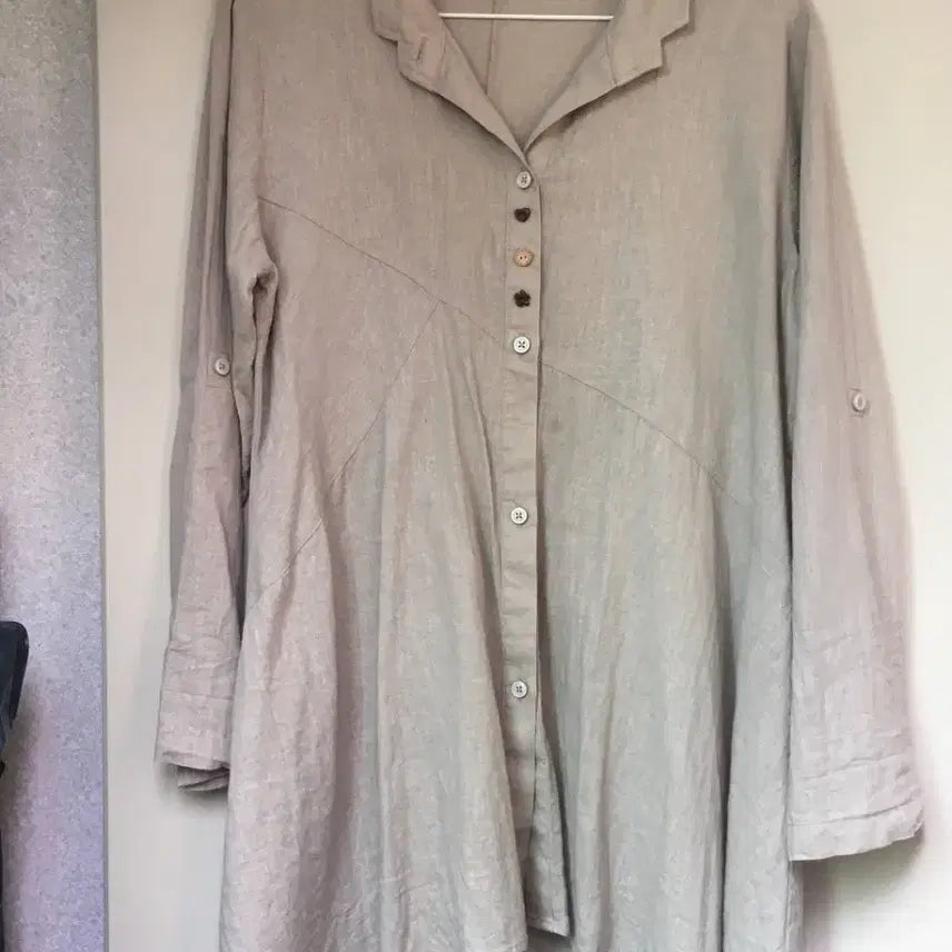 [BUNJANG] Vintage Wood Button Linen Long Shirt Blouse / 일본빈티지 우드버튼 마 면 롱셔츠 블라우스 린넨 나무
