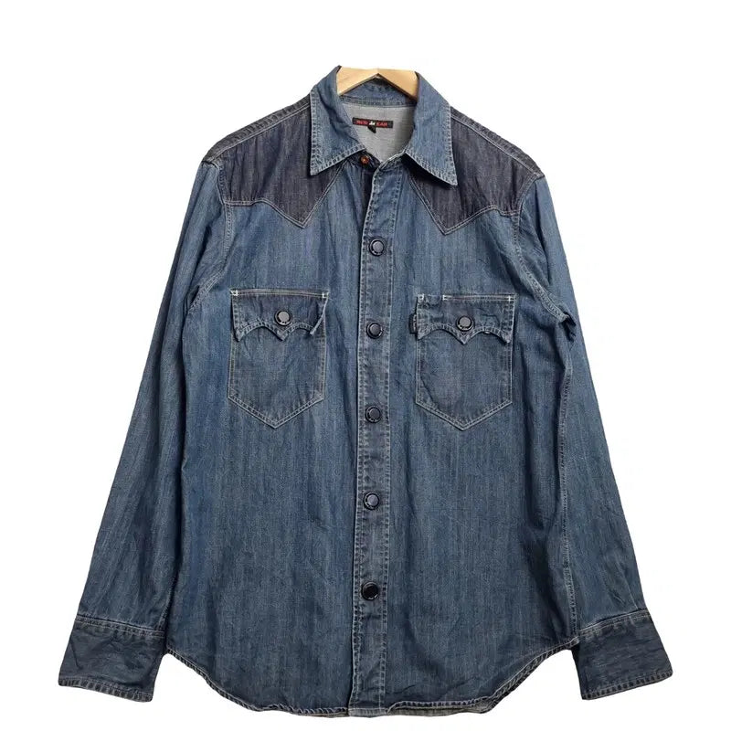 [BUNJANG] RED EAR Blue Denim Shirt Tiger Pattern Cotton 100% / RED EAR 블루 데님 셔츠 [L] 코튼 100% 타이거 패턴 청남방