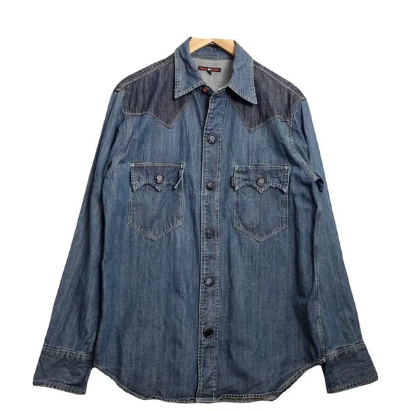 [BUNJANG] RED EAR Blue Denim Shirt Tiger Pattern Cotton 100% / RED EAR 블루 데님 셔츠 [L] 코튼 100% 타이거 패턴 청남방