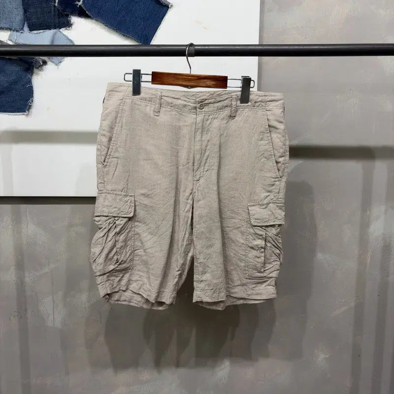 [BUNJANG] 34-inch Casual Linen Cargo Shorts / (34인치) 무지 캐주얼 린넨 카고 숏팬츠 반바지
