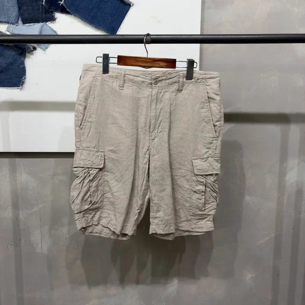 [BUNJANG] 34-inch Casual Linen Cargo Shorts / (34인치) 무지 캐주얼 린넨 카고 숏팬츠 반바지