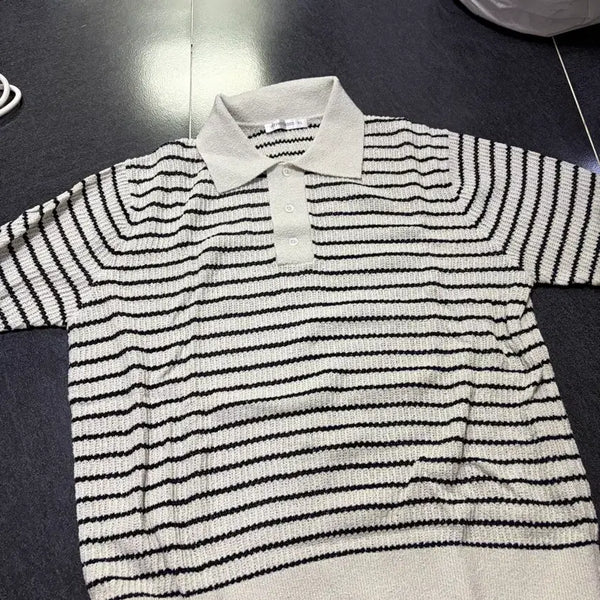 [BUNJANG] Intempomood Striped Collar Short Sleeve Knit / 인템포무드 스트라이프 칼라 반팔니트