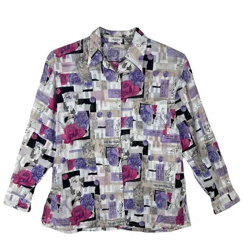 [BUNJANG] Aoyama Collection Flower Pattern Chiffon Shirt Blouse / Aoyama Collection 플라워 패턴 쉬폰 셔츠 블라우스 [L] 플라워블라우스/쉬폰블라우스/여성블라우스/빈티지블라우스/플라워패턴/꽃무늬블라우스/카라블라우스/여성셔츠