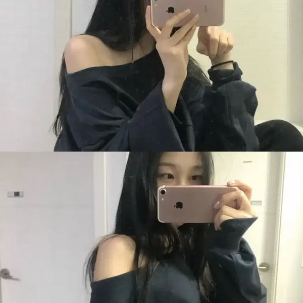 [BUNJANG] Navy Off-Shoulder Sweatshirt / 곤색 오프숄더 맨투맨