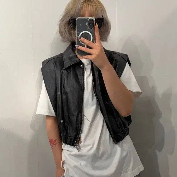 [BUNJANG] Sleeveless Leather Jacket Black / FREE 민소매 레더 자켓 블랙