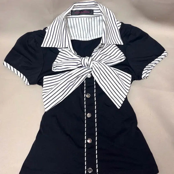 [BUNJANG] Pinkmix Stripe Ribbon Blouse Gyaru Top / pinkmix 핑크믹스 스프라이프 리본 블라우스 갸루탑 히메갸루 로맨틱갸루 긱시크 빈티지