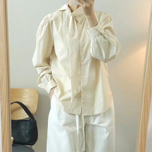 [BUNJANG] Dali Hotel Women's Scarf Tie Long Sleeve Blouse Yellow Beige / (F)달리호텔 여성 스카프 타이 긴팔 블라우스 W4628