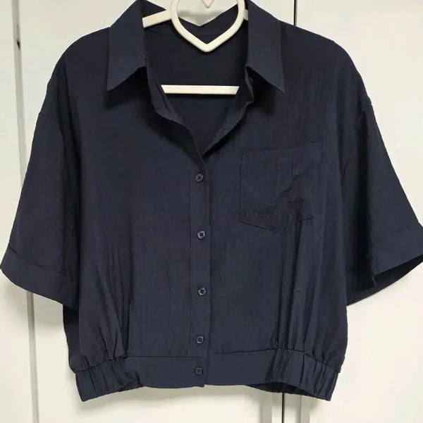 [BUNJANG] Navy Crop Shirt (Size S-M) / 네이비 크롭 셔츠 S~M 새상품