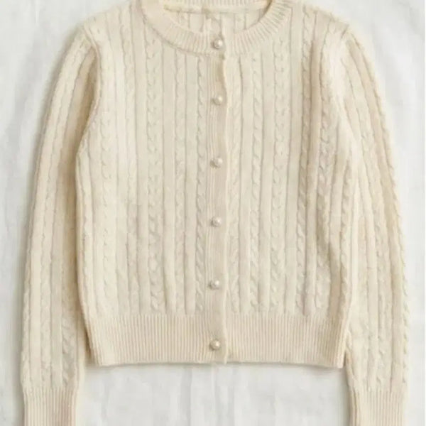 [BUNJANG] Ivory Cable Knit Pearl Button Cardigan / 아이보리 꽈배기 진주 단추 가디건
