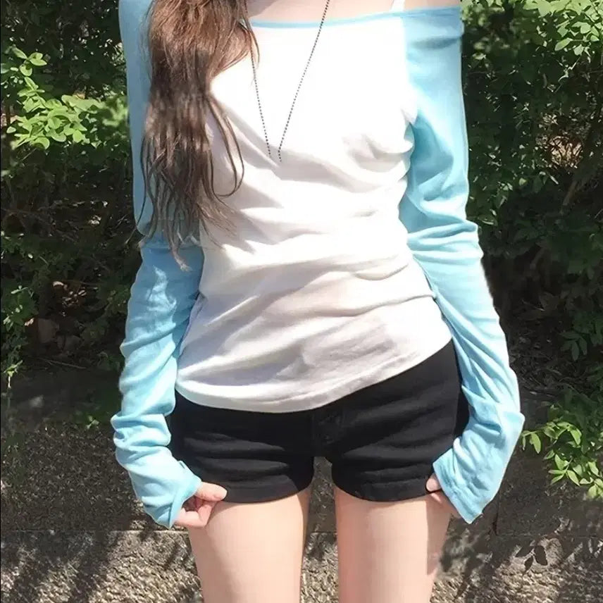 [BUNJANG] Mintcore Off-Shoulder Long-Sleeve Layered Top Y2K / 민트코어 오프숄더 롱슬리브 여름긴팔 레이어드 탑 y2k