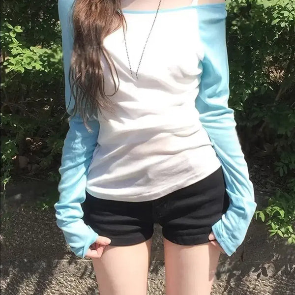 [BUNJANG] Mintcore Off-Shoulder Long-Sleeve Layered Top Y2K / 민트코어 오프숄더 롱슬리브 여름긴팔 레이어드 탑 y2k