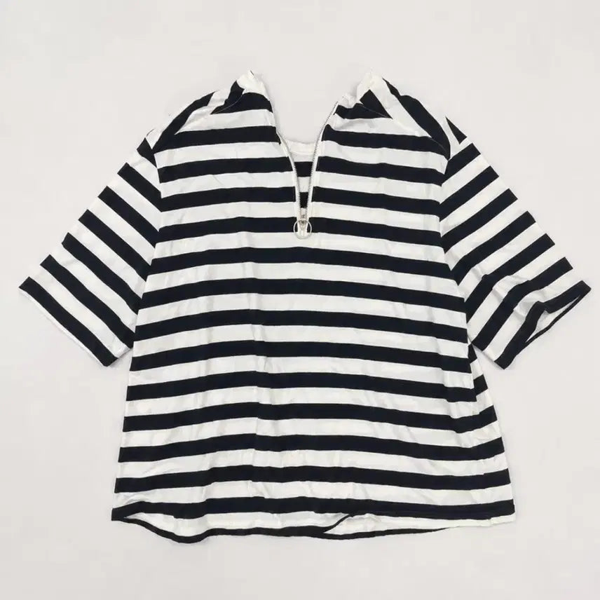 [BUNJANG] Striped Short Sleeve Zipper T-Shirt / 단가라 반팔 지퍼 티셔츠