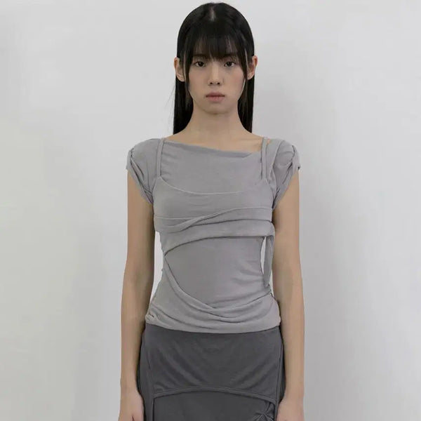 [BUNJANG] Flare Up Layered Bustier T-Shirt Gray / 플레어업 레이어드 뷔스티에 티셔츠 그레이