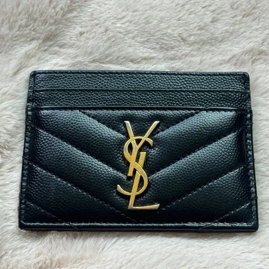 [BUNJANG] Saint Laurent Black Leather Quilted Card Holder / 입생로랑 카드지갑 금장 블랙