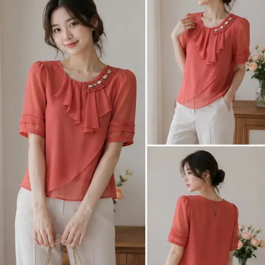 [BUNJANG] Coral Beaded Frill Blouse - Size 55 / 여성 블라우스 코랄색 비즈 장식 55