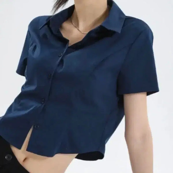[BUNJANG] Black Up Sharken Basic Crop T-shirt Spandex Navy Blue (S) / !!!헐인!!! 블랙업 샤큰 베이직 크롭 반팔셔츠 스판 네이비 남색 (블루 S)