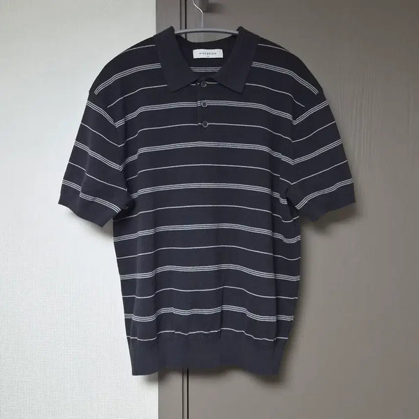 [BUNJANG] Mind Bridge Washable Multi Stripe Collar Short Sleeve Knit Dark Gray / [95] 마인드브릿지 워셔블 멀티 스트라이프 카라 반팔 니트 다크 그레이