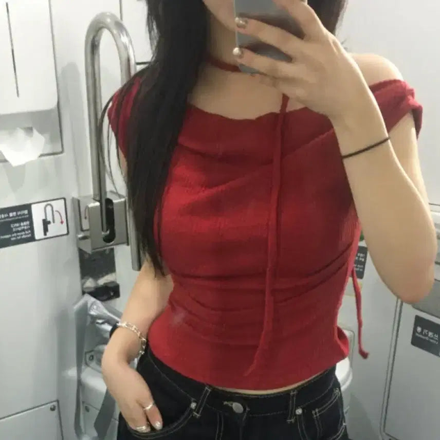 [BUNJANG] Heavy B Scarf T-Shirt Red / 헤비브 스카프티