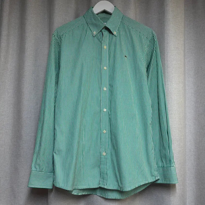 [BUNJANG] Lacoste Slim Fit Green Vertical Stripe Button-Down Shirt Size 38 (95) / 라코스테 슬림핏 그린 버티컬 스트라이프 버튼다운 셔츠 38 (95)