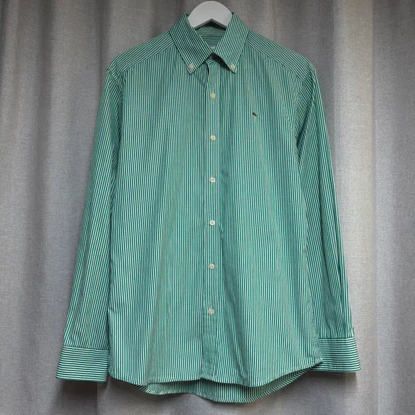 [BUNJANG] Lacoste Slim Fit Green Vertical Stripe Button-Down Shirt Size 38 (95) / 라코스테 슬림핏 그린 버티컬 스트라이프 버튼다운 셔츠 38 (95)