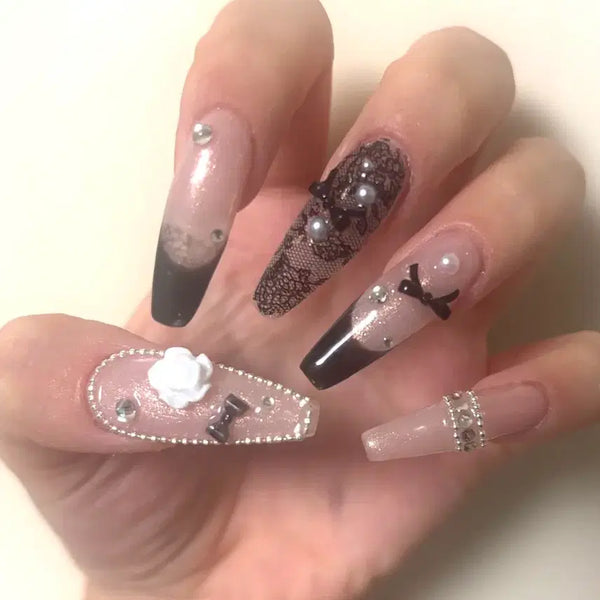 [BUNJANG] Handmade Black Lace Ribbon Nail Tips / 수제 네일팁 블랙 레이스 리본 네일