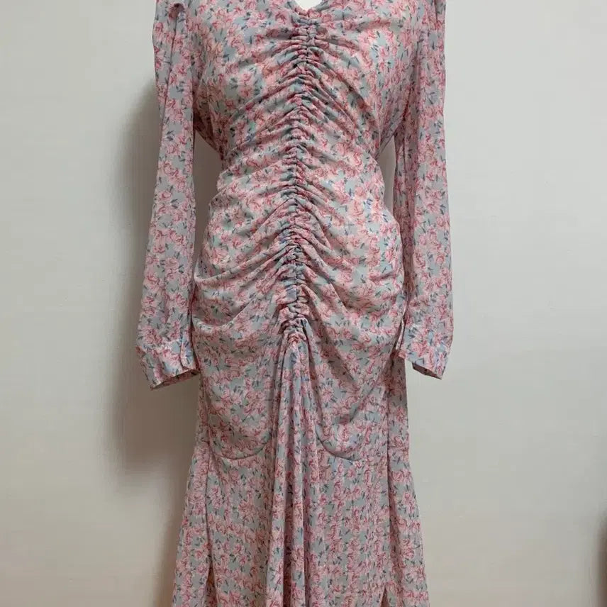 [BUNJANG] Floral Shirring Mermaid Line Chiffon Midi Dress / 잔꽃 셔링 인어라인 쉬폰 원피스