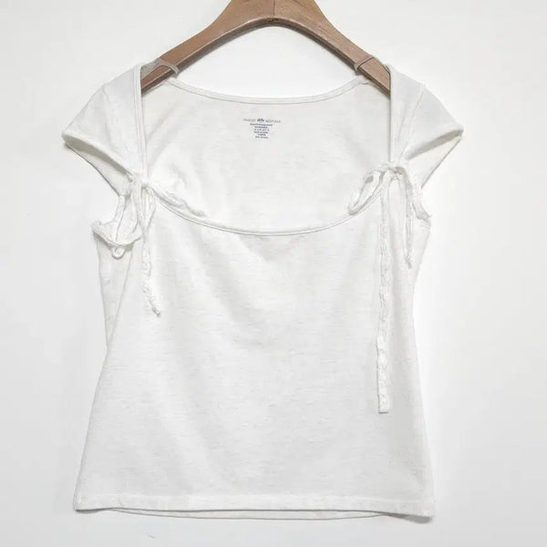[BUNJANG] Brandy Melville Ribbon Layered Short Sleeve T-Shirt White / 유럽브랜드 브랜디멜빌 리본 레이어드 반팔티 화이트