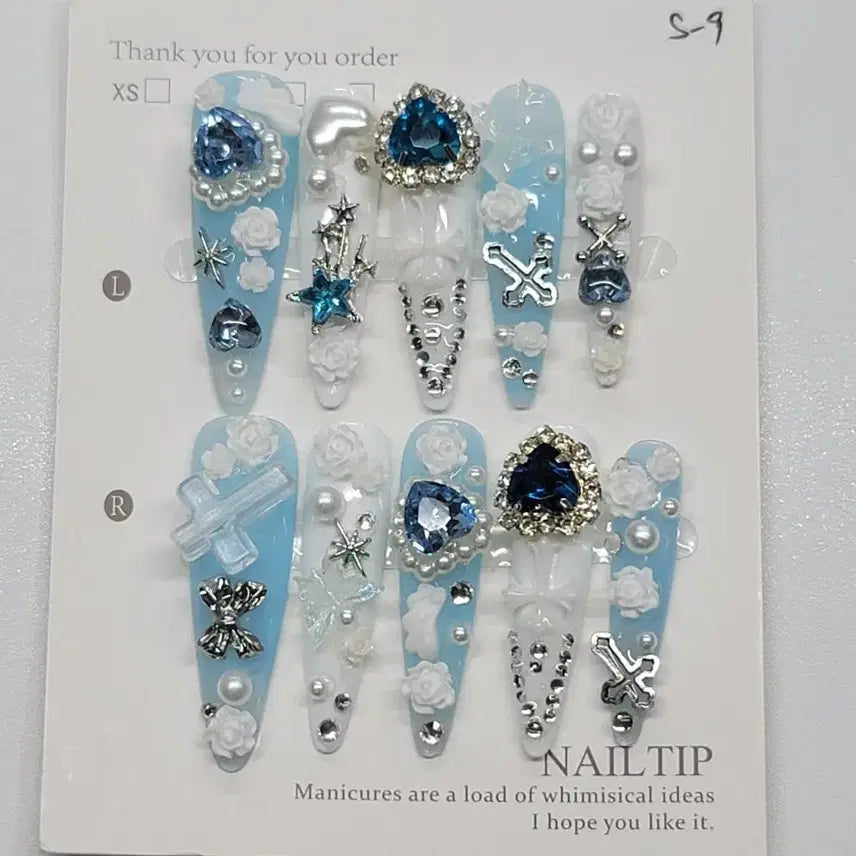 [BUNJANG] Handmade Nail Tips - Blue & White Ribbon Heart Design / 블루 화이트 수제네일팁
