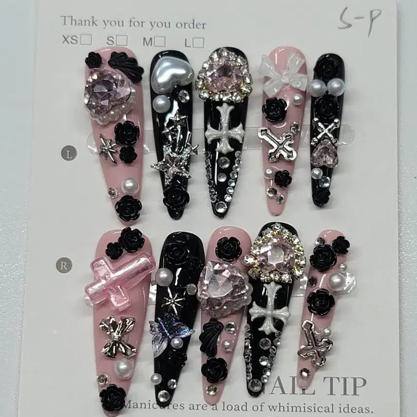 [BUNJANG] Handmade Pink and Black Gothic Nail Tips (Size S) / 핑크 블랙 수제네일팁