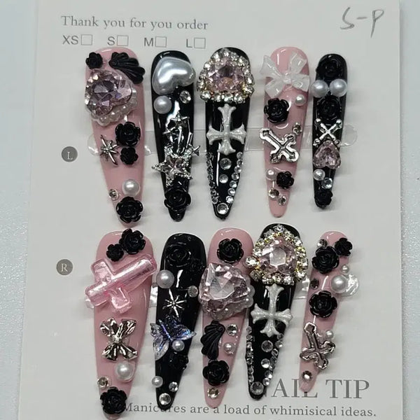[BUNJANG] Handmade Pink and Black Gothic Nail Tips (Size S) / 핑크 블랙 수제네일팁