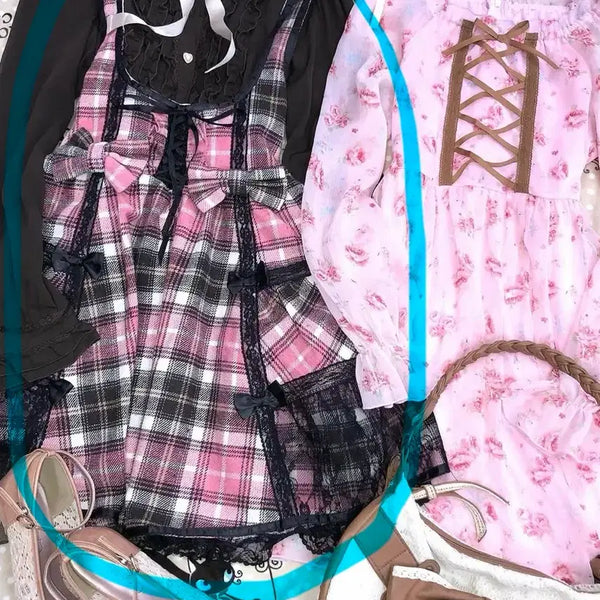 [BUNJANG] Trallalala Pink Check Ribbon Dress / 트랄라라 핑크체크 리본 원피스 히메갸루 라떼갸루 고스로리 리즈리사 엑시즈팜
