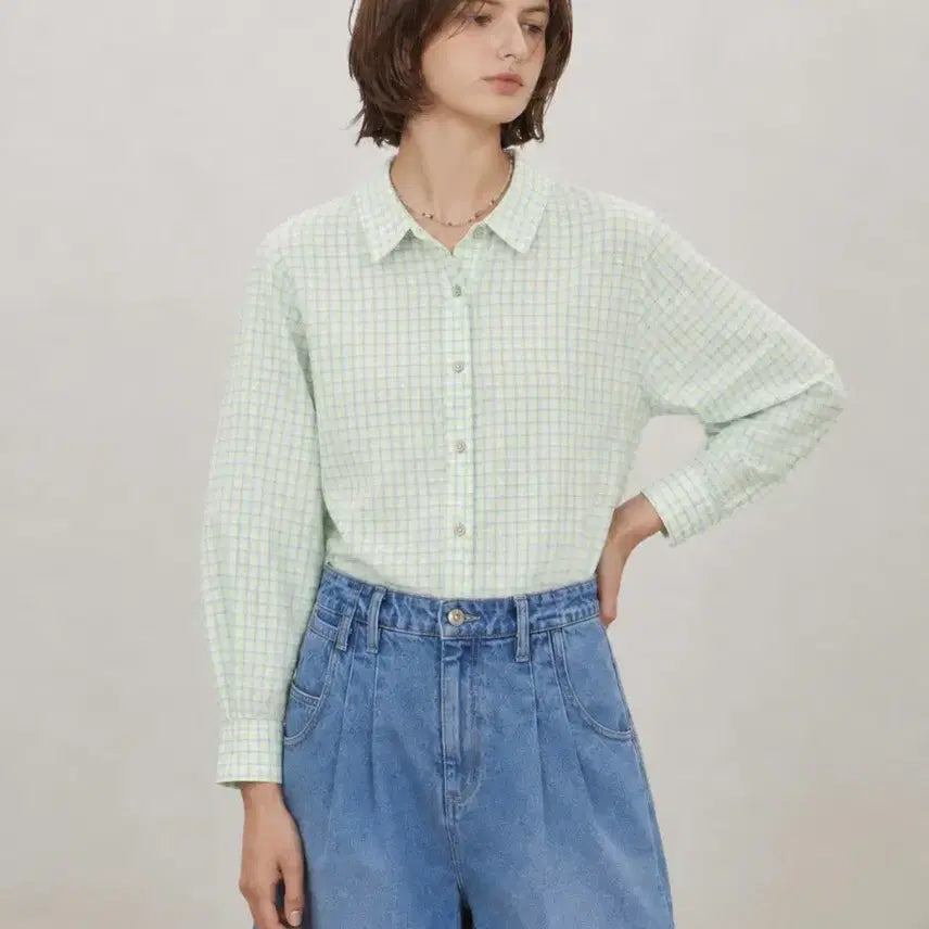 [BUNJANG] DUEL Pastel Check Seersucker Blouse Size 55 / 듀엘 파스텔체크 시어서커 블라우스 55사이즈