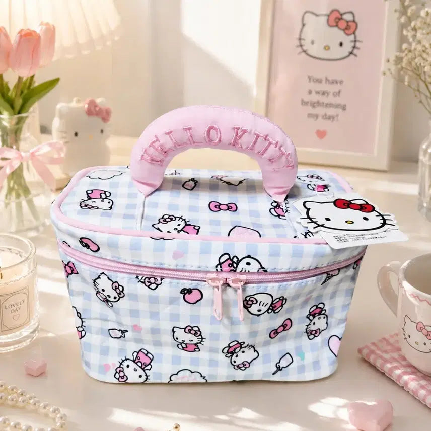 [BUNJANG] Hello Kitty Blue Check Makeup Cosmetic Pouch / (새상품) 헬로키티 블루 체크 메이크업 화장품 파우치