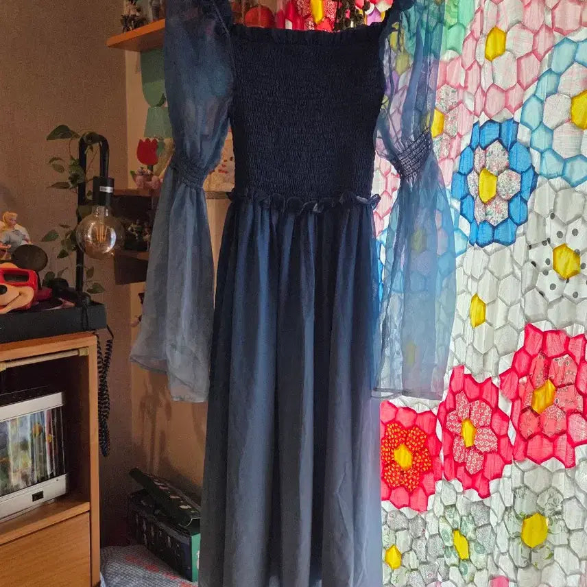 [BUNJANG] Blue Square Neck Puff Sleeve Midi Dress / 블루 스퀘어넥 원피스