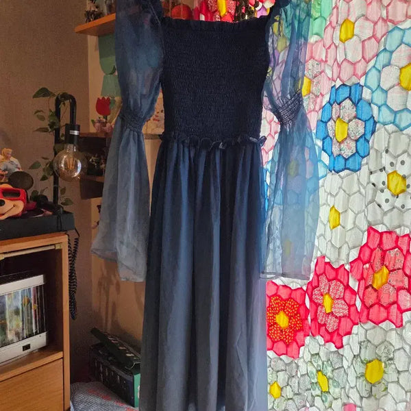 [BUNJANG] Blue Square Neck Puff Sleeve Midi Dress / 블루 스퀘어넥 원피스