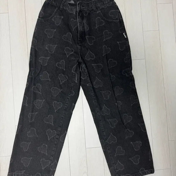 [BUNJANG] XTONZ Heart Pattern Black Denim Pants / 엑스톤즈 하트패턴 블랙데님