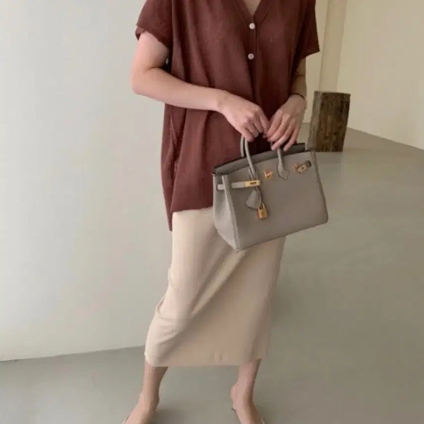 [BUNJANG] Bowen V-Neck Linen Short Sleeve Cardigan Brown / 보웬 브이넥 린넨 반팔 가디건 브라운 여름 쿨 썸머 니트 판초 케이프 조끼 베스트