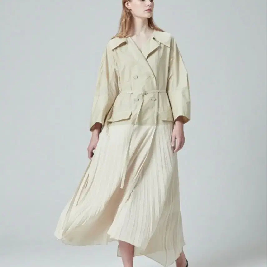 [BUNJANG] SYSTEM Belted Long Trench Dress Beige Ivory / 21년 한섬 시스템 SYSTEM 바스락 플리츠 배색 더블버튼 벨트 롱원피스 트렌치 베이지 아이보리
