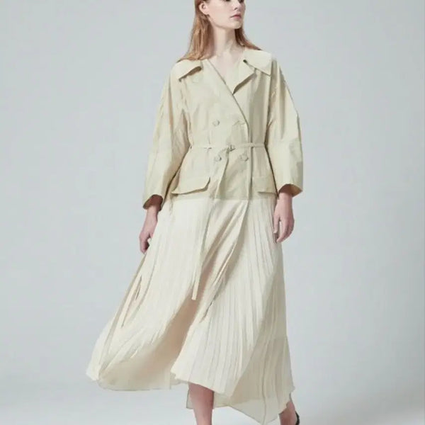 [BUNJANG] SYSTEM Belted Long Trench Dress Beige Ivory / 21년 한섬 시스템 SYSTEM 바스락 플리츠 배색 더블버튼 벨트 롱원피스 트렌치 베이지 아이보리