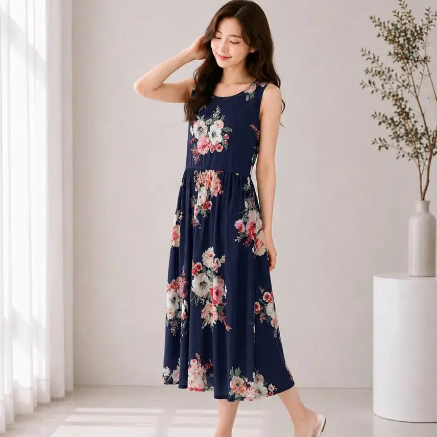 [BUNJANG] Flower Pattern Sleeveless Dress Navy / 플라워 패턴 민소매 원피스 네이비