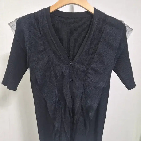 [BUNJANG] Black Sharp Frill Ribbed Knit Cardigan / 블랙 샤 프릴 골지니트 가디건