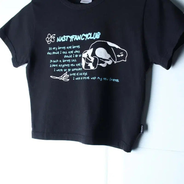 [BUNJANG] W(F) Fanclub T-Shirt Printing Crop Black Kitsch / W(F) 팬시클럽 반팔 티셔츠 프린팅 크롭 블랙 키치-H36612