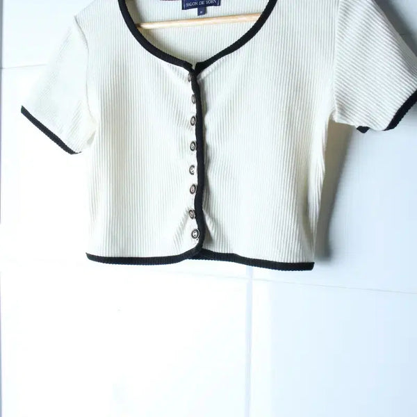 [BUNJANG] Salon de Yon Half Sleeve T-Shirt Crop Cardigan Ivory / W(M) 살롱드욘 반팔 티셔츠 크롭 가디건 아이보리 놈코어-H36617