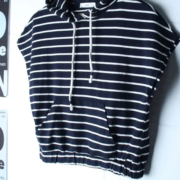 [BUNJANG] Mango Striped Semi-Cropped Half Sleeve T-Shirt / W(M-L) 망고 반팔 티셔츠 후드 반소매 스트라이프 세미크롭-H36623
