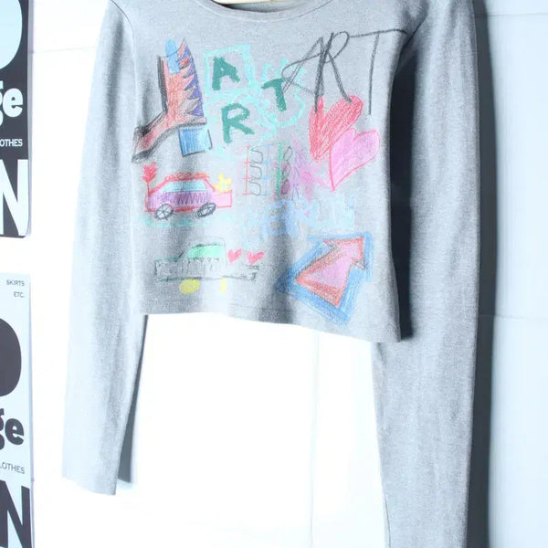 [BUNJANG] The Museum Visitor Sketch Cropped Long Sleeve T-Shirt Limited Edition / W(F) 더뮤지엄비지터 긴팔티셔츠 스케치 크롭 키치 한정판-H36625