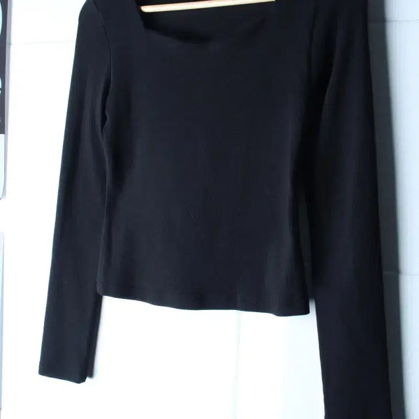 [BUNJANG] ROEM Long Sleeve T-Shirt Wide Neck Solid Black / W(S-M) 로엠 긴팔티셔츠 와이드넥 무지 블랙 스판 놈코어-H36628