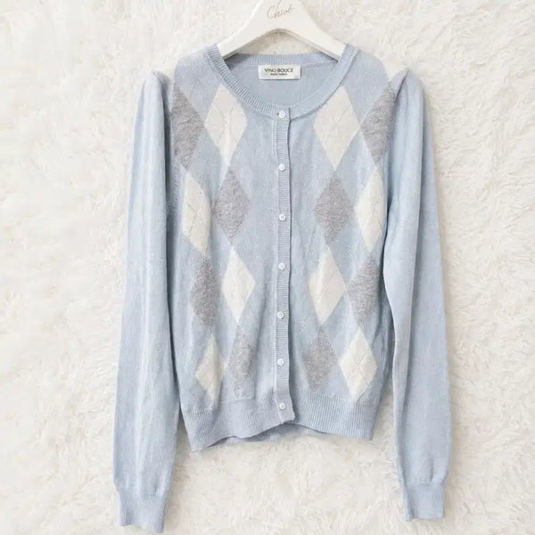 [BUNJANG] Japanese Vintage Sky Blue Argyle Cardigan / 일본 빈티지 스카이블루 아가일 가디건 로걀탑 잉그니 모리걸 모리노가토