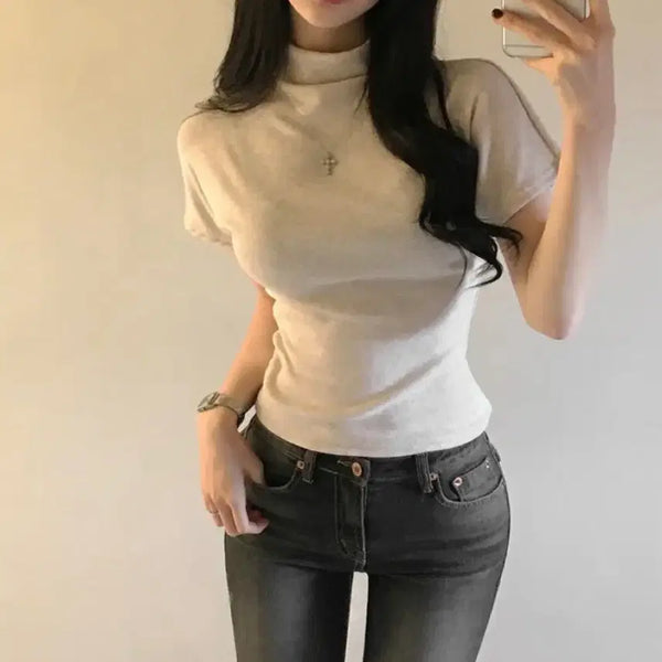 [BUNJANG] Short Sleeve Turtleneck Knit - Oatmeal / 반팔 목폴라 니트 오트밀