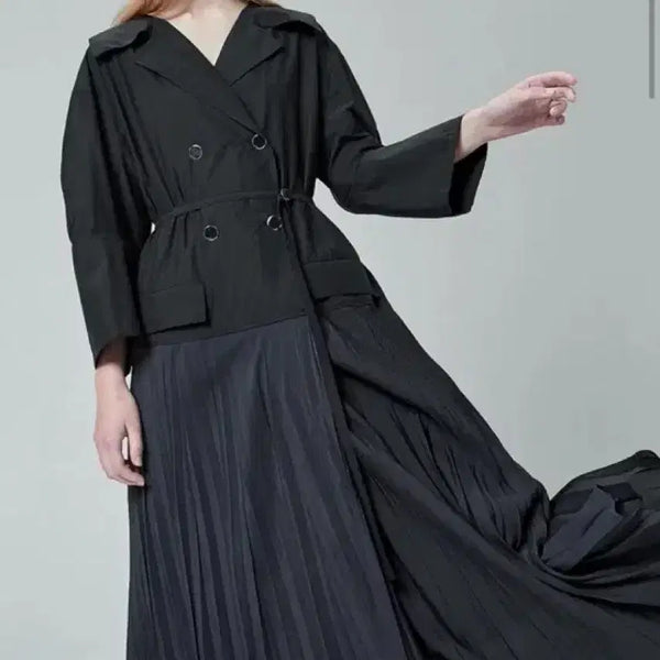 [BUNJANG] SYSTEM Double-Button Belted Long Trench Dress Charcoal Navy / 21년 한섬 시스템 SYSTEM 바스락 플리츠 배색 더블버튼 벨트 롱원피스 트렌치 차콜 네이비
